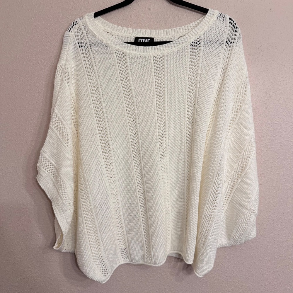 Frye Womens XL Cream Pointelle Knit Dolman Sleeve Oversized Sweater Ivory Ribbed